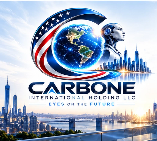 Carbone logo with American flag, interconnected globe, futuristic robot and international skyline